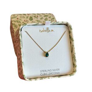 NEW Isabella M. Green CZ Pear Charm Gold over Sterling Silver 16 + 2" Necklace